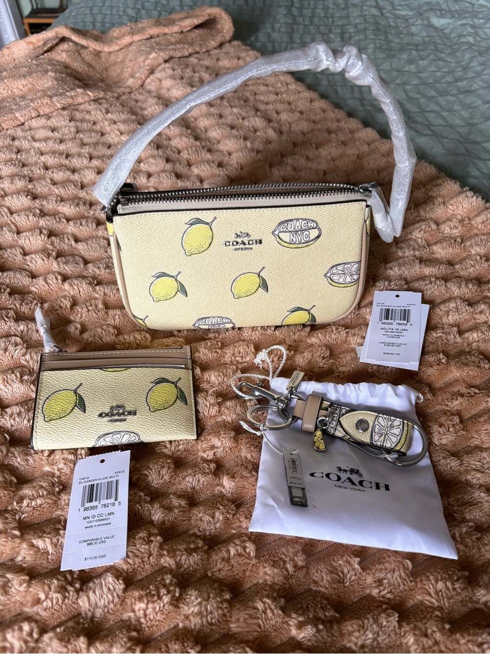 Coach nolita Yellow Lemon Print Wristlet with Matching Card Case and Key Fob